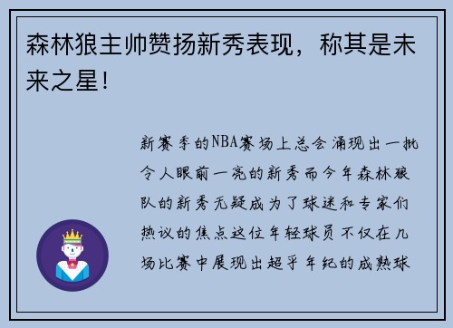 森林狼主帅赞扬新秀表现，称其是未来之星！